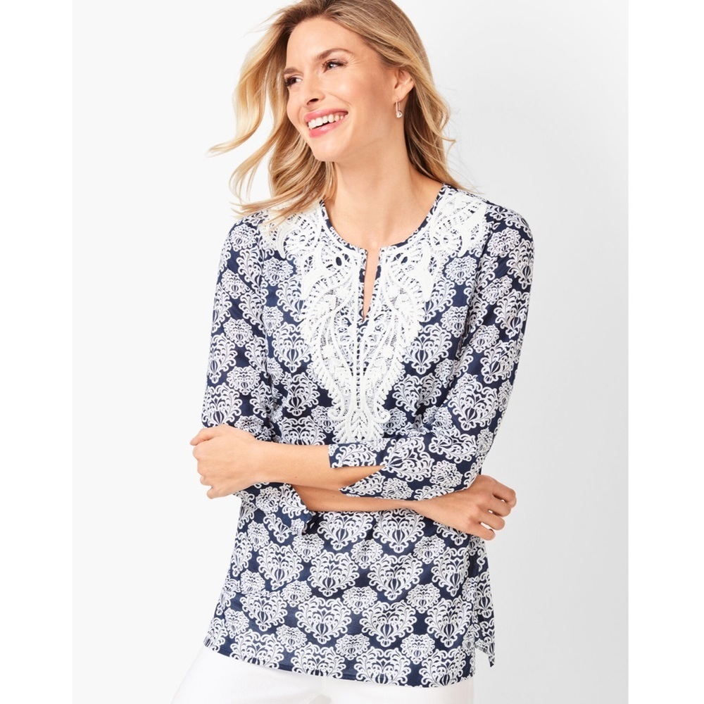 Talbots Lace Bib Cotton Tunic Top Navy Blue & White Medallion Print Large